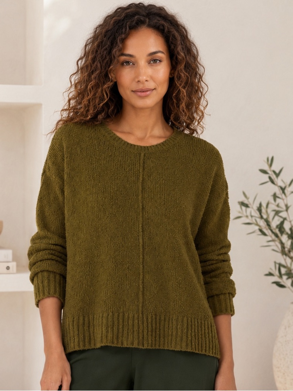 Eileen Fisher Moss Cotton Blend Fluff Sweater Sz M Crew Neck Boxy Fit Top NWT